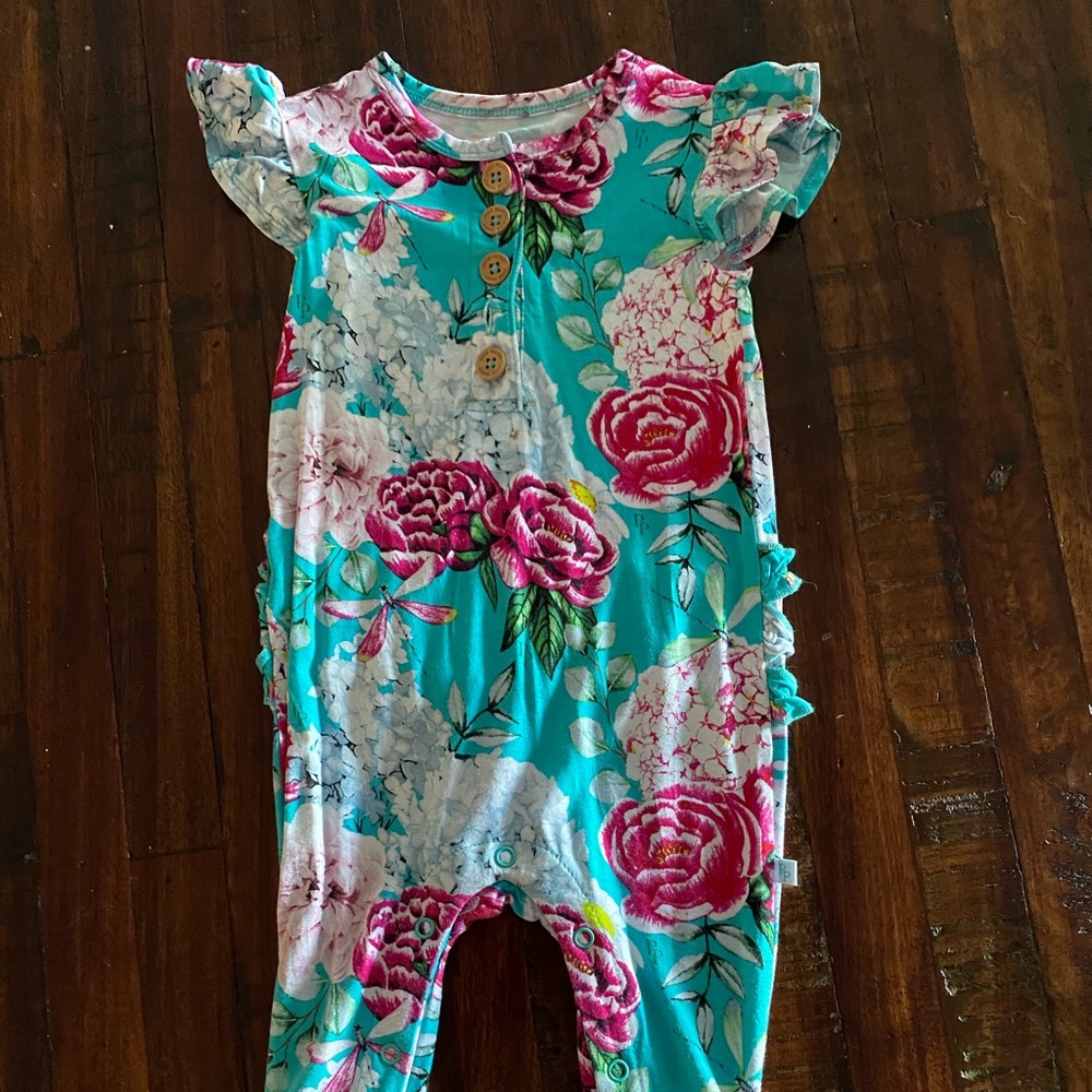Posh Peanut Eloise Print Ruffled Henley Romper